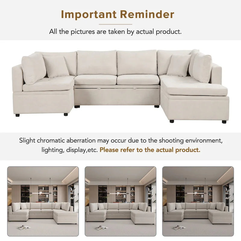 117.3 Oversized Sectional Sofa U- shaped Sofa Couch Pull-out Sofa Bed with Two Throw Pillows for Living Room, Beige