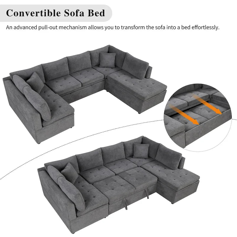 117.3 Oversized Sectional Sofa U- shaped Sofa Couch Pull-out Sofa Bed with Two Throw Pillows for Living Room, Beige