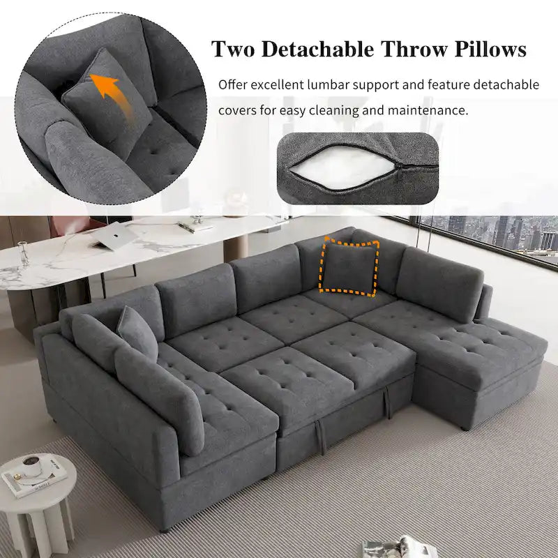 117.3 Oversized Sectional Sofa U- shaped Sofa Couch Pull-out Sofa Bed with Two Throw Pillows for Living Room, Beige