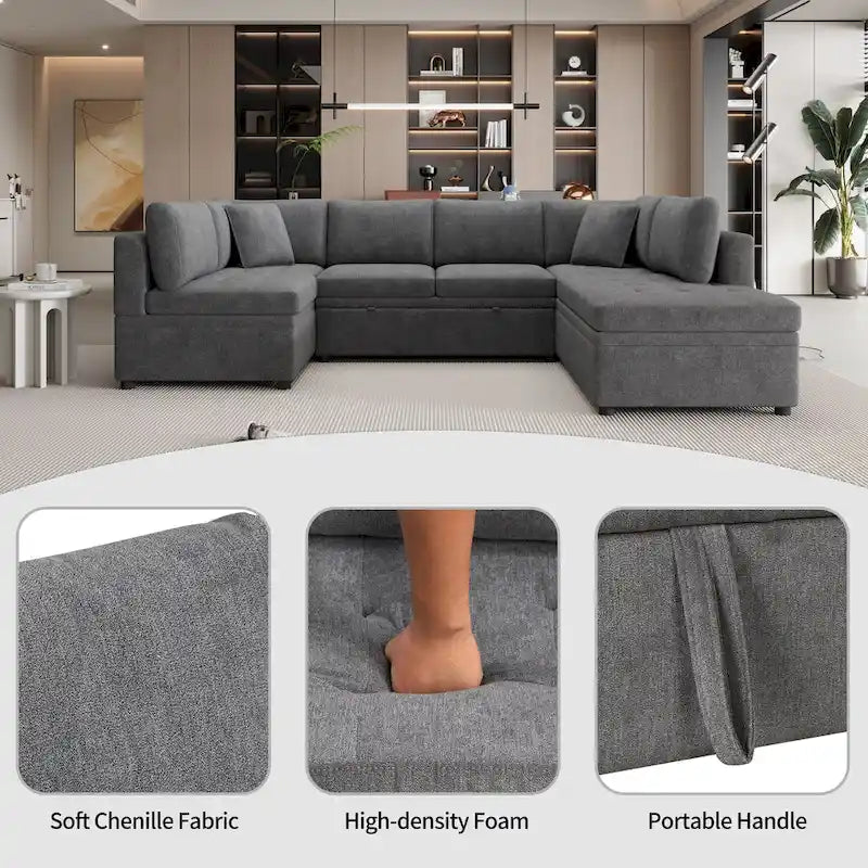 117.3 Oversized Sectional Sofa U- shaped Sofa Couch Pull-out Sofa Bed with Two Throw Pillows for Living Room, Beige