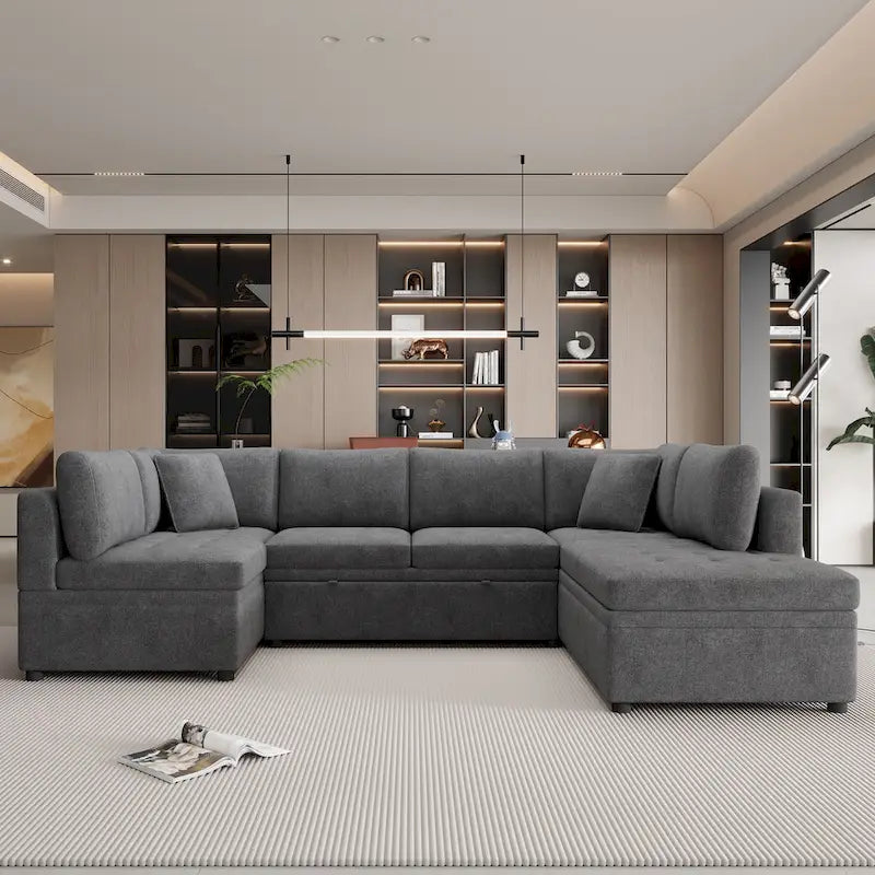 117.3 Oversized Sectional Sofa U- shaped Sofa Couch Pull-out Sofa Bed with Two Throw Pillows for Living Room, Beige