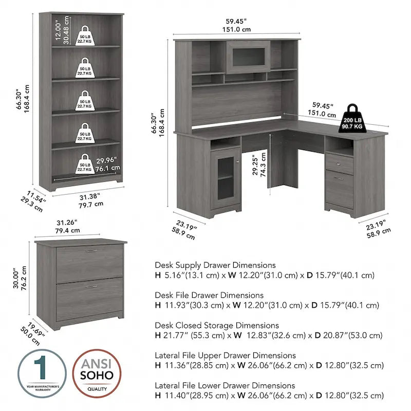 Cabot 60W L-Desk with Hutch, Cabinet and Bookcase by Bush Furniture