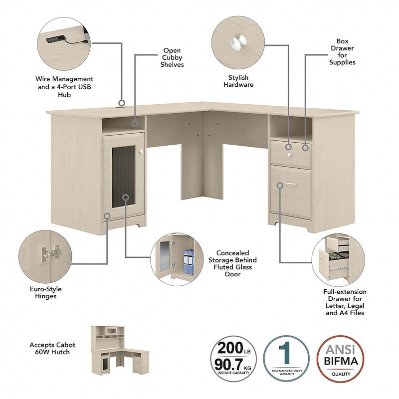 Cabot 60W L-Desk with Hutch, Cabinet and Bookcase by Bush Furniture