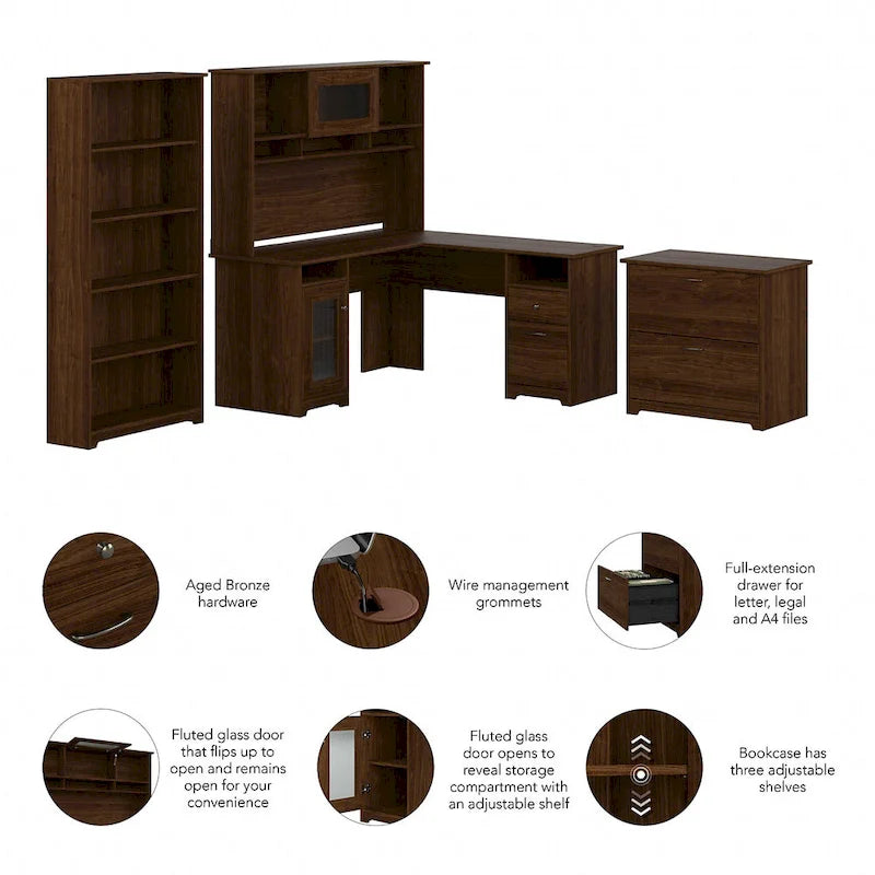 Cabot 60W L-Desk with Hutch, Cabinet and Bookcase by Bush Furniture
