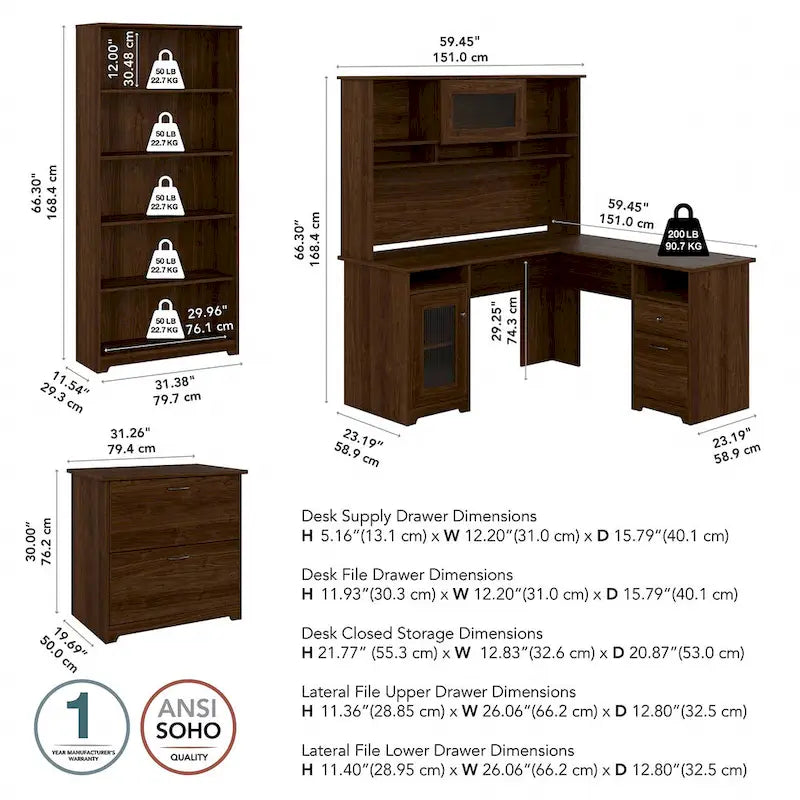 Cabot 60W L-Desk with Hutch, Cabinet and Bookcase by Bush Furniture