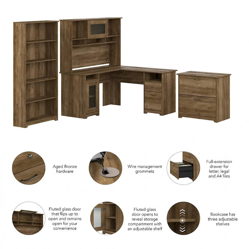 Cabot 60W L-Desk with Hutch, Cabinet and Bookcase by Bush Furniture