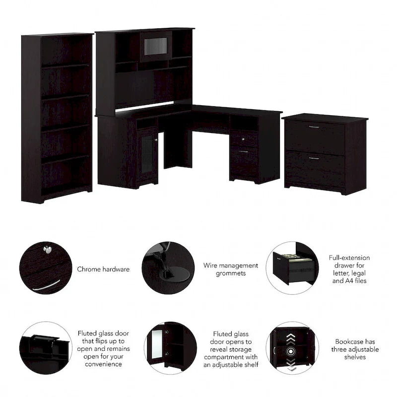 Cabot 60W L-Desk with Hutch, Cabinet and Bookcase by Bush Furniture