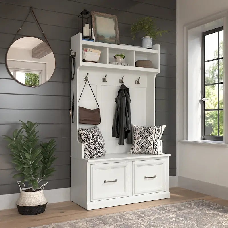 Woodland 40W Hall Tree and Shoe Bench with Doors by Bush Furniture