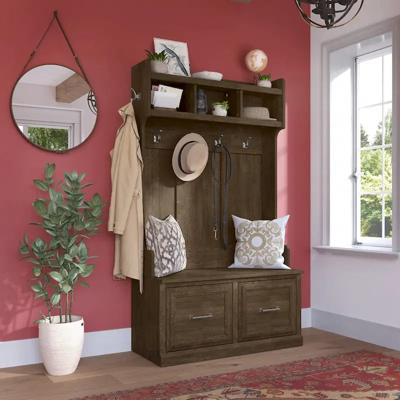 Woodland 40W Hall Tree and Shoe Bench with Doors by Bush Furniture