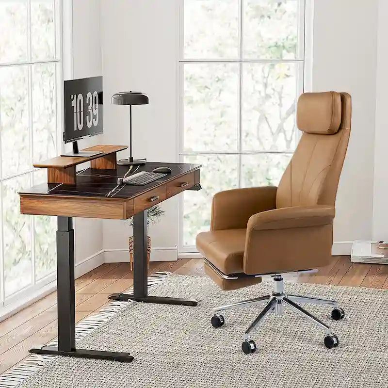 Glitzhome 49H Modern Adjustable Swivel High Back Ergonomic Office Chair with Armrest and Extendable Footrest