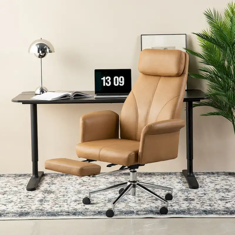 Glitzhome 49H Modern Adjustable Swivel High Back Ergonomic Office Chair with Armrest and Extendable Footrest
