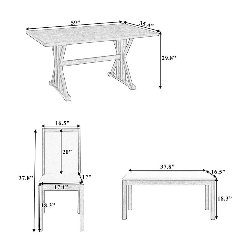 6-Piece Farmhouse Dining Table Set with 4 Upholstered Chairs and Bench