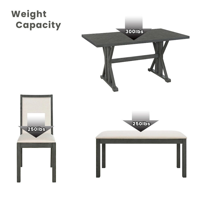 6-Piece Farmhouse Dining Table Set with 4 Upholstered Chairs and Bench