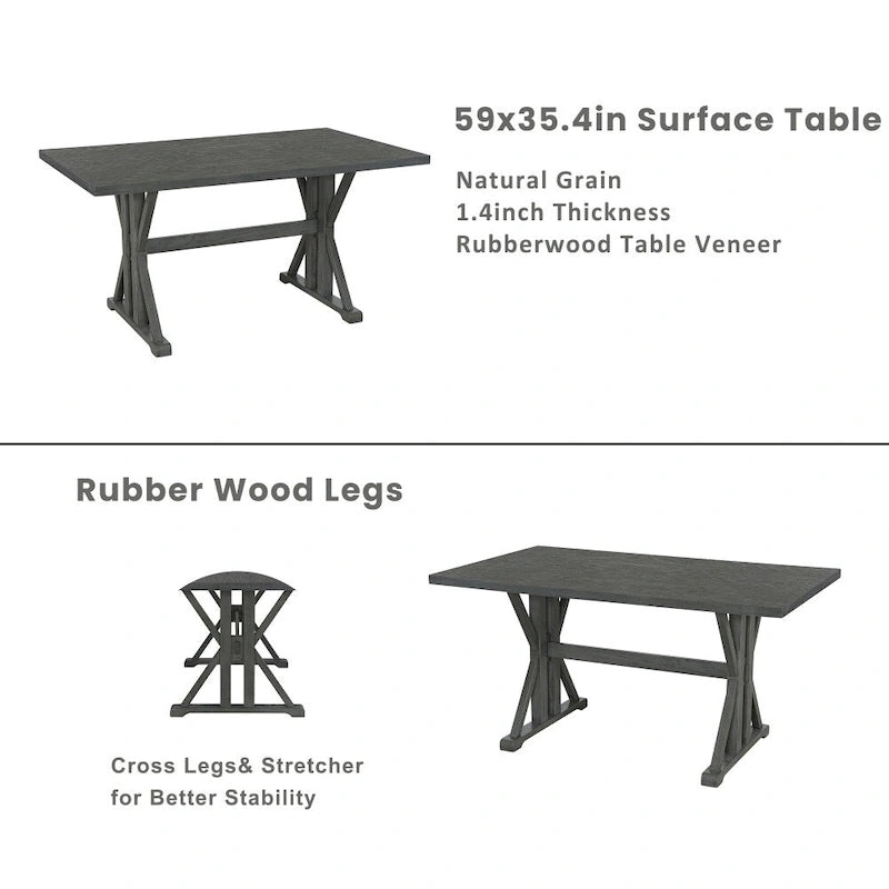 6-Piece Farmhouse Dining Table Set with 4 Upholstered Chairs and Bench