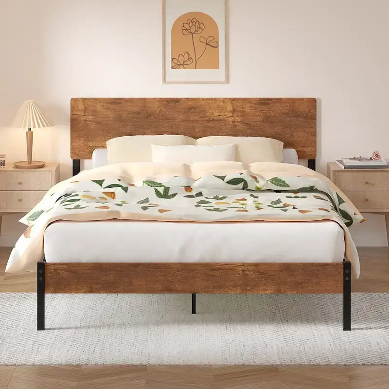 Javlergo Elegant Iron Queen Bed Frame with MDF Headboard & Footboard - Modern Industrial Style