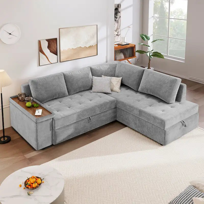 Christopher Knight Home-Miranda Convertible Polyester Sectional Sofa with Storage and Reversible Tray