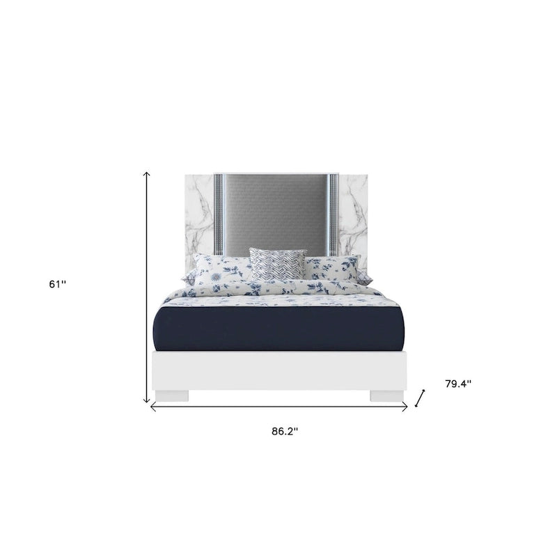 HomeRoots White and Gray Wood And Faux Leather Lighted King Bed Frame