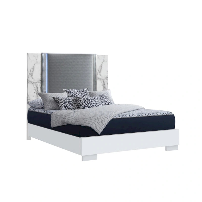 HomeRoots White and Gray Wood And Faux Leather Lighted King Bed Frame