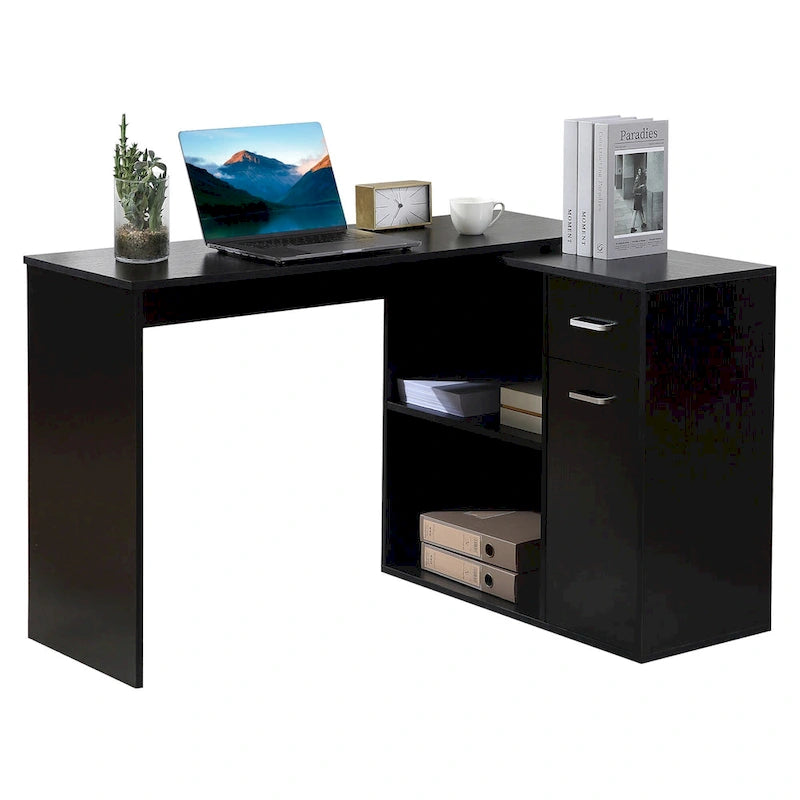 Modern L Shaped Computer Office Desk with Rotating Support and Built In Storage Cell for Home Offices or Small Spaces