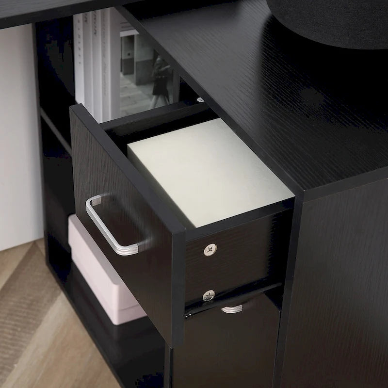 Modern L Shaped Computer Office Desk with Rotating Support and Built In Storage Cell for Home Offices or Small Spaces
