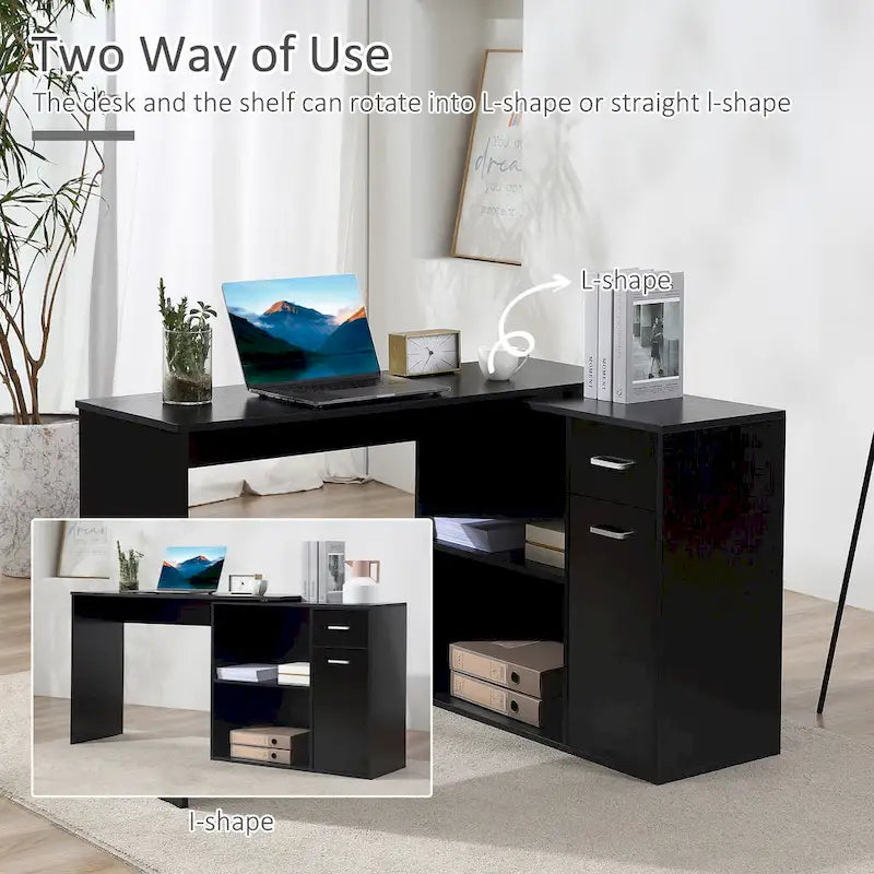 Modern L Shaped Computer Office Desk with Rotating Support and Built In Storage Cell for Home Offices or Small Spaces