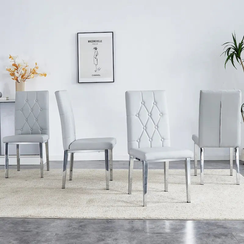 Modern Set of 4 Armless Dining Chairs with Grid Quilted Studded Backrest Metal Legs, for Dining Room Living Room and Bedroom