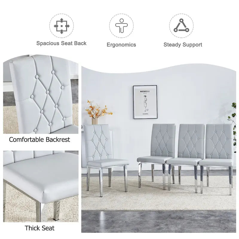 Modern Set of 4 Armless Dining Chairs with Grid Quilted Studded Backrest Metal Legs, for Dining Room Living Room and Bedroom