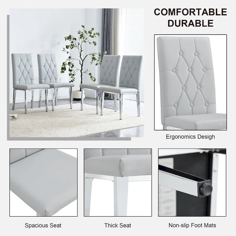 Modern Set of 4 Armless Dining Chairs with Grid Quilted Studded Backrest Metal Legs, for Dining Room Living Room and Bedroom