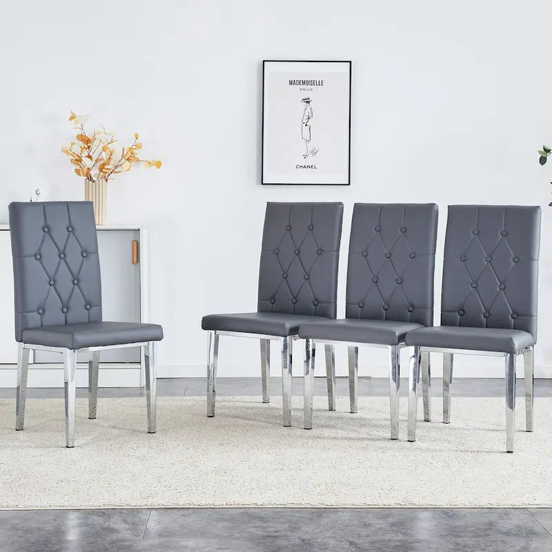 Modern Set of 4 Armless Dining Chairs with Grid Quilted Studded Backrest Metal Legs, for Dining Room Living Room and Bedroom