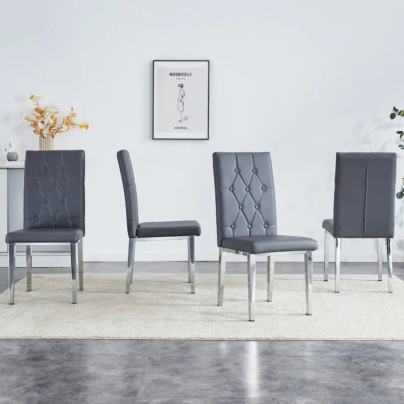 Modern Set of 4 Armless Dining Chairs with Grid Quilted Studded Backrest Metal Legs, for Dining Room Living Room and Bedroom