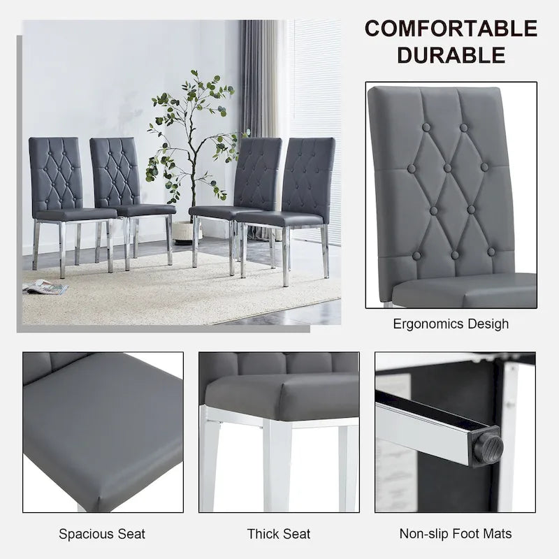 Modern Set of 4 Armless Dining Chairs with Grid Quilted Studded Backrest Metal Legs, for Dining Room Living Room and Bedroom