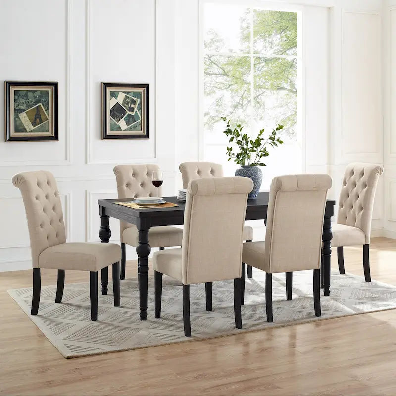 Indoor Dining Table and Chair Sets Rustic Farmhouse Dining Table and Chair Sets with Turned Legs and Button Tufted Backrest