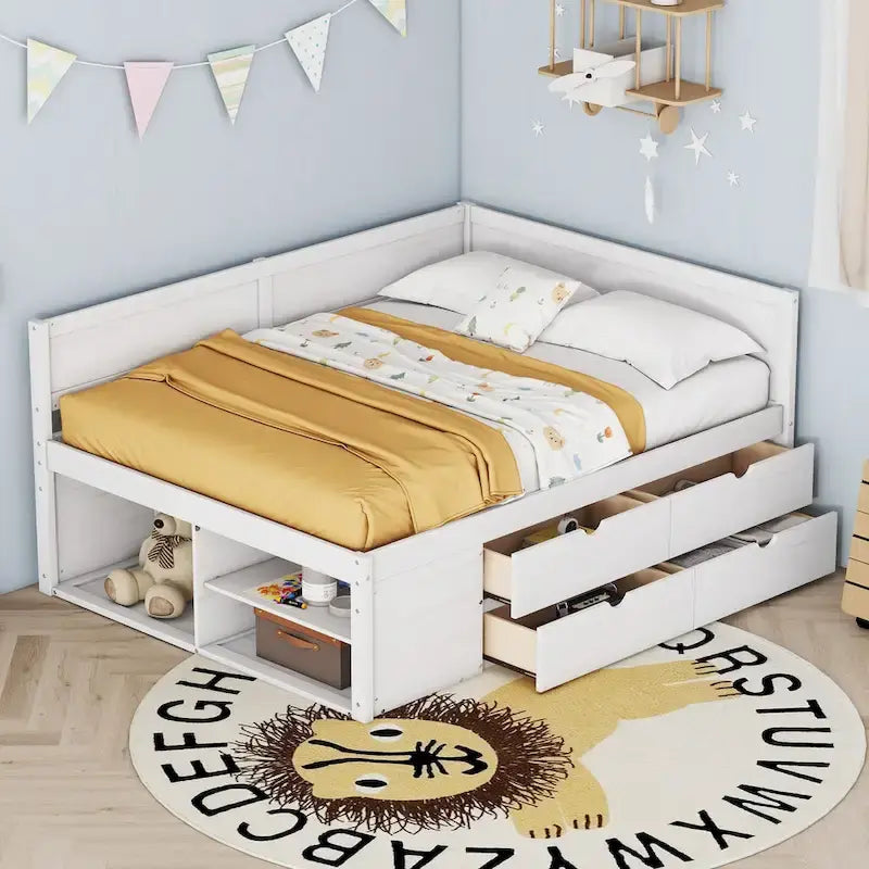 Nordic Creative Full Size Daybed with Drawers and Shelves Storage Bed Frame for Kids Teens Adults Space-Saving, Easy Assembly