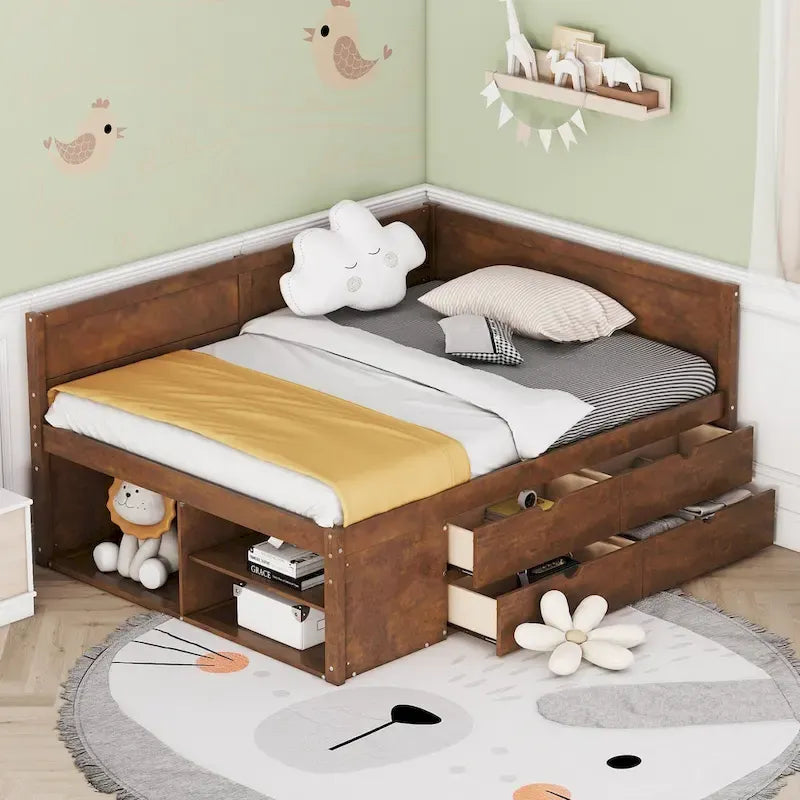Nordic Creative Full Size Daybed with Drawers and Shelves Storage Bed Frame for Kids Teens Adults Space-Saving, Easy Assembly