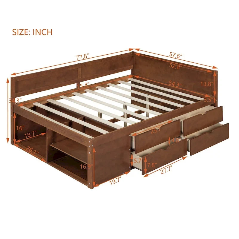 Nordic Creative Full Size Daybed with Drawers and Shelves Storage Bed Frame for Kids Teens Adults Space-Saving, Easy Assembly