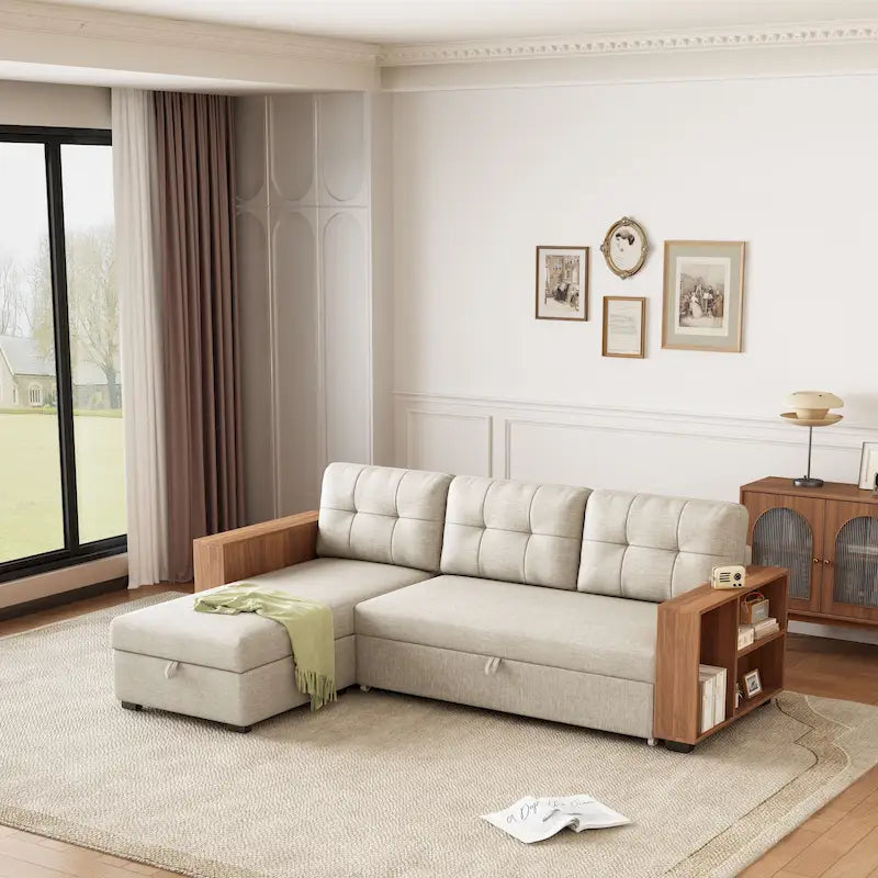 GDFStudio - Vinnas Convertible Sectional Sofa with Pull-Out Bed and Hidden Storage Chaise