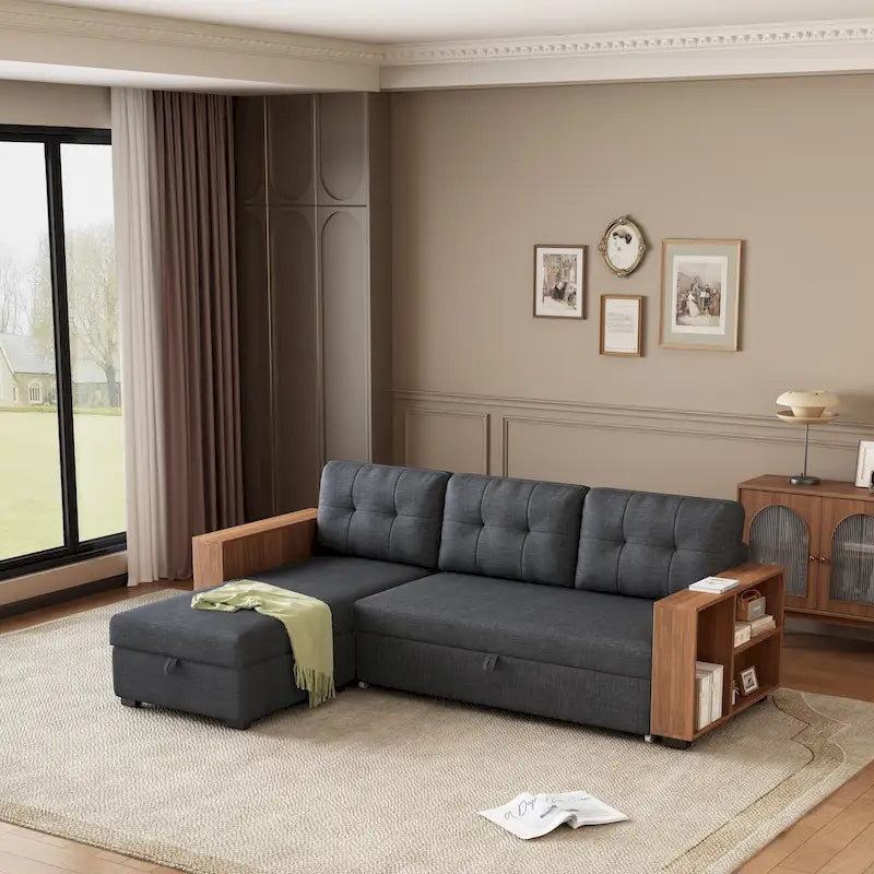 GDFStudio - Vinnas Convertible Sectional Sofa with Pull-Out Bed and Hidden Storage Chaise