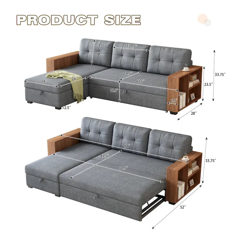 GDFStudio - Vinnas Convertible Sectional Sofa with Pull-Out Bed and Hidden Storage Chaise