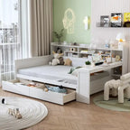 Wooden Full Size Daybed with Storage Shelves, Two Drawers & Study Desk,Antique White