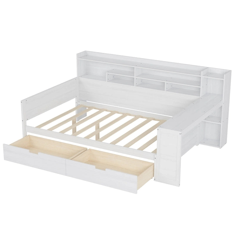 Wooden Full Size Daybed with Storage Shelves, Two Drawers & Study Desk,Antique White