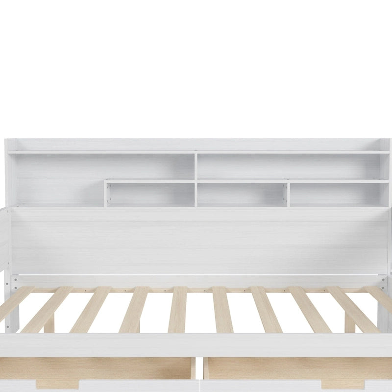Wooden Full Size Daybed with Storage Shelves, Two Drawers & Study Desk,Antique White