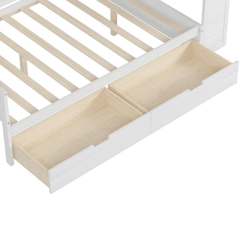 Wooden Full Size Daybed with Storage Shelves, Two Drawers & Study Desk,Antique White