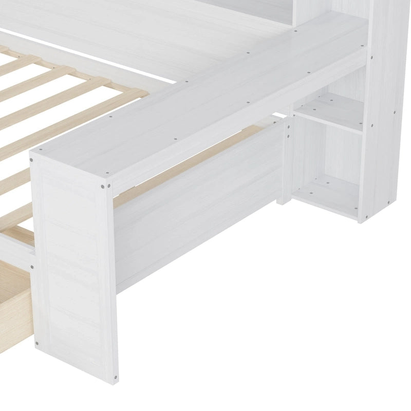 Wooden Full Size Daybed with Storage Shelves, Two Drawers & Study Desk,Antique White
