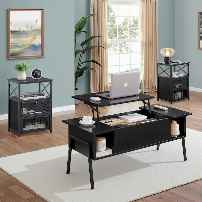 VECELO 3-piece Coffee Table Set,Lift Top Coffee Table with Hidden Storage and Nightstands Set of 2