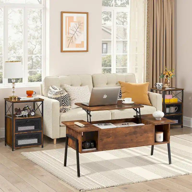 VECELO 3-piece Coffee Table Set,Lift Top Coffee Table with Hidden Storage and Nightstands Set of 2