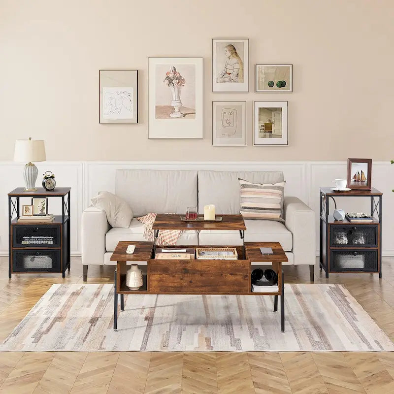 VECELO 3-piece Coffee Table Set,Lift Top Coffee Table with Hidden Storage and Nightstands Set of 2