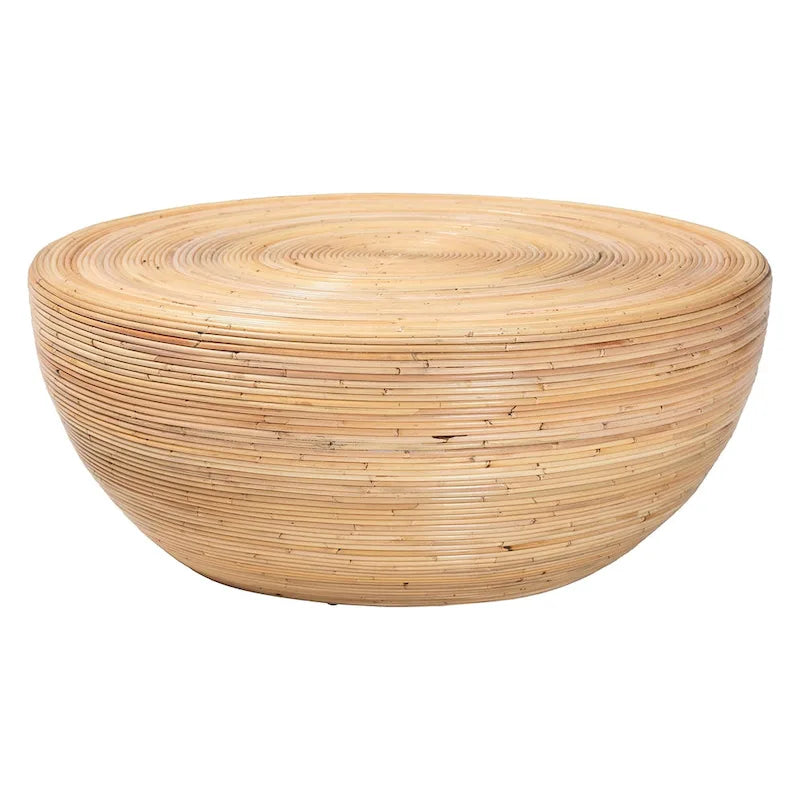 Tokyo Laminated Natural Rattan Coffee Table - Handcrafted Drum Table for Living Room, Coastal Boho Style Furniture
