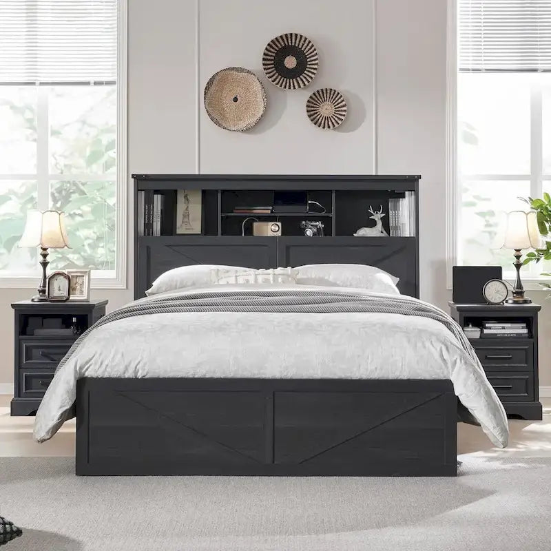 Farmhouse Queen Size Wood Bed Frame with Storage Headboard and Drawers