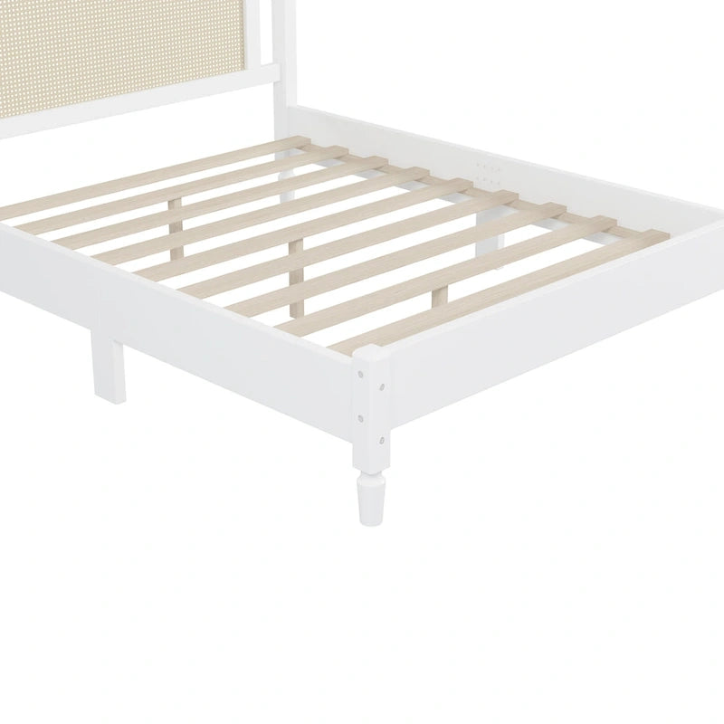 Queen Wood Platform Bed with Rattan Headboard & Arc Base