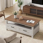Farmhouse Coffee Table with Drawers and Open Shelf - N/A